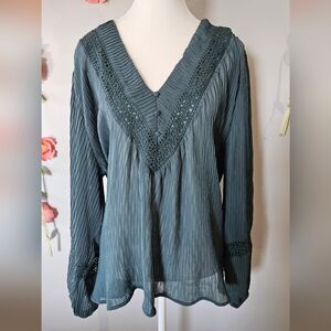 Maurices Teal V-Neck Lace-Trim Pleated Blouse
